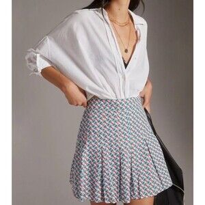 Maeve Anthropologie Women's Pleated Mini Skirt Red Blue Geometric Print Size 10